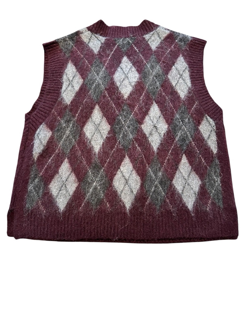 Zara NWT Burgundy Fuzzy Argyle Wool Alpaca Blend Sweater Vest Large NWT Fall - Picture 2 of 11